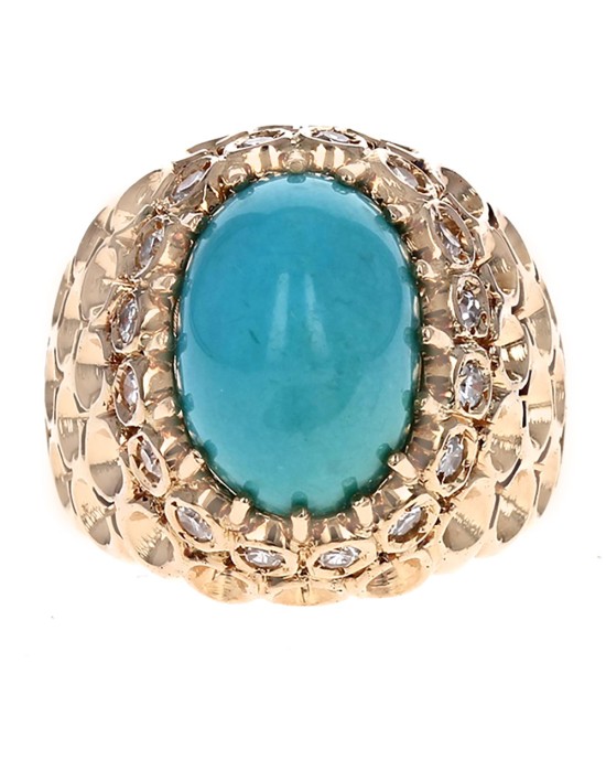 Turquoise Cabochon and Diamond Honeycomb Dome Ring